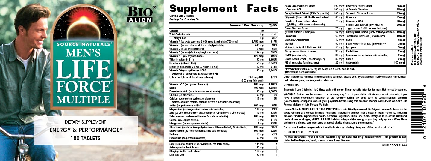 Source Naturals Life Force label detail showing nutrients