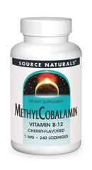 Source Naturals MethylCobalamin lozenges bottle on shelf supports daily B-12 intake.