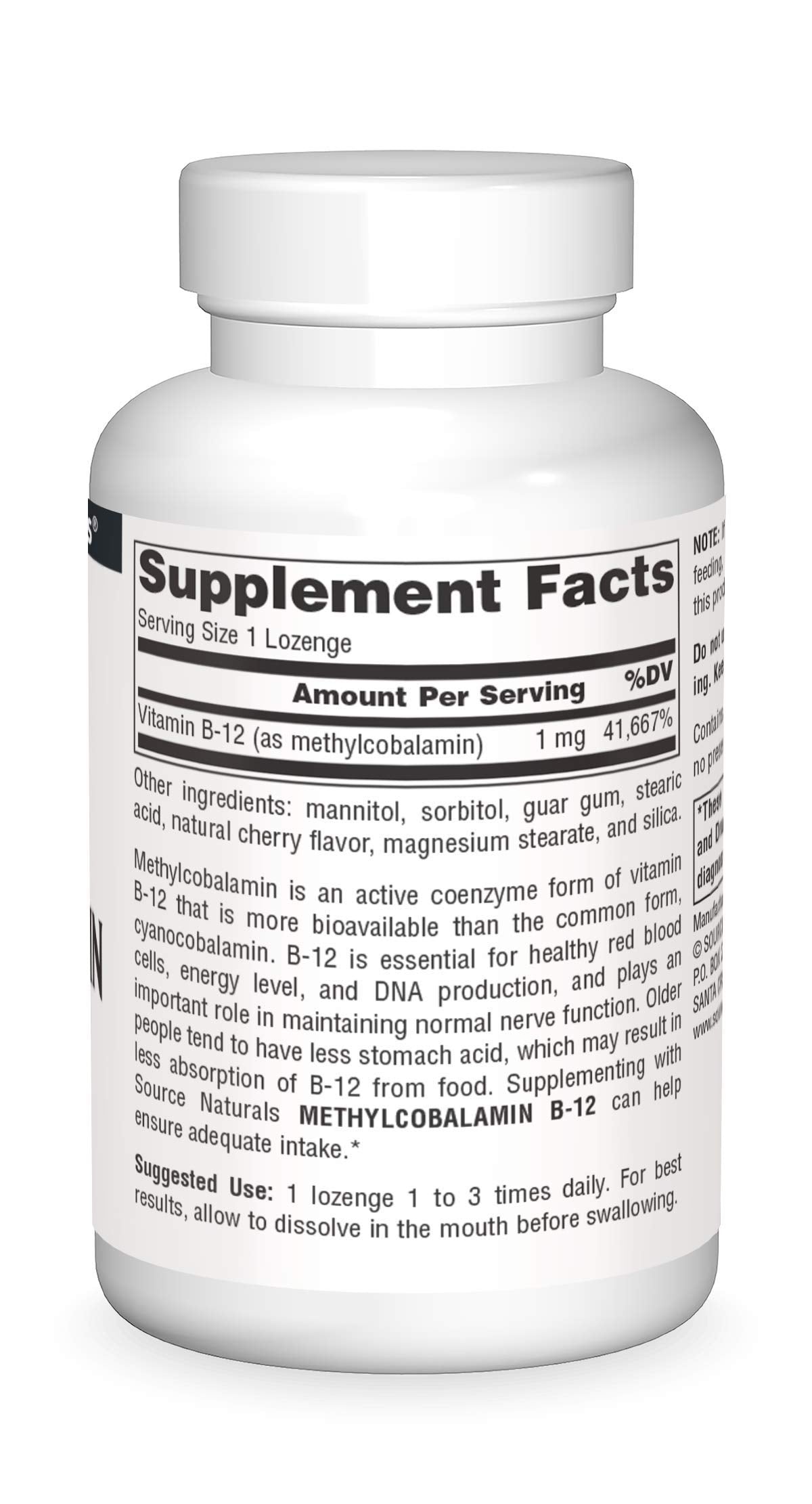 Source Naturals MethylCobalamin lozenges label close-up notes active B-12 form for easy supplementation.