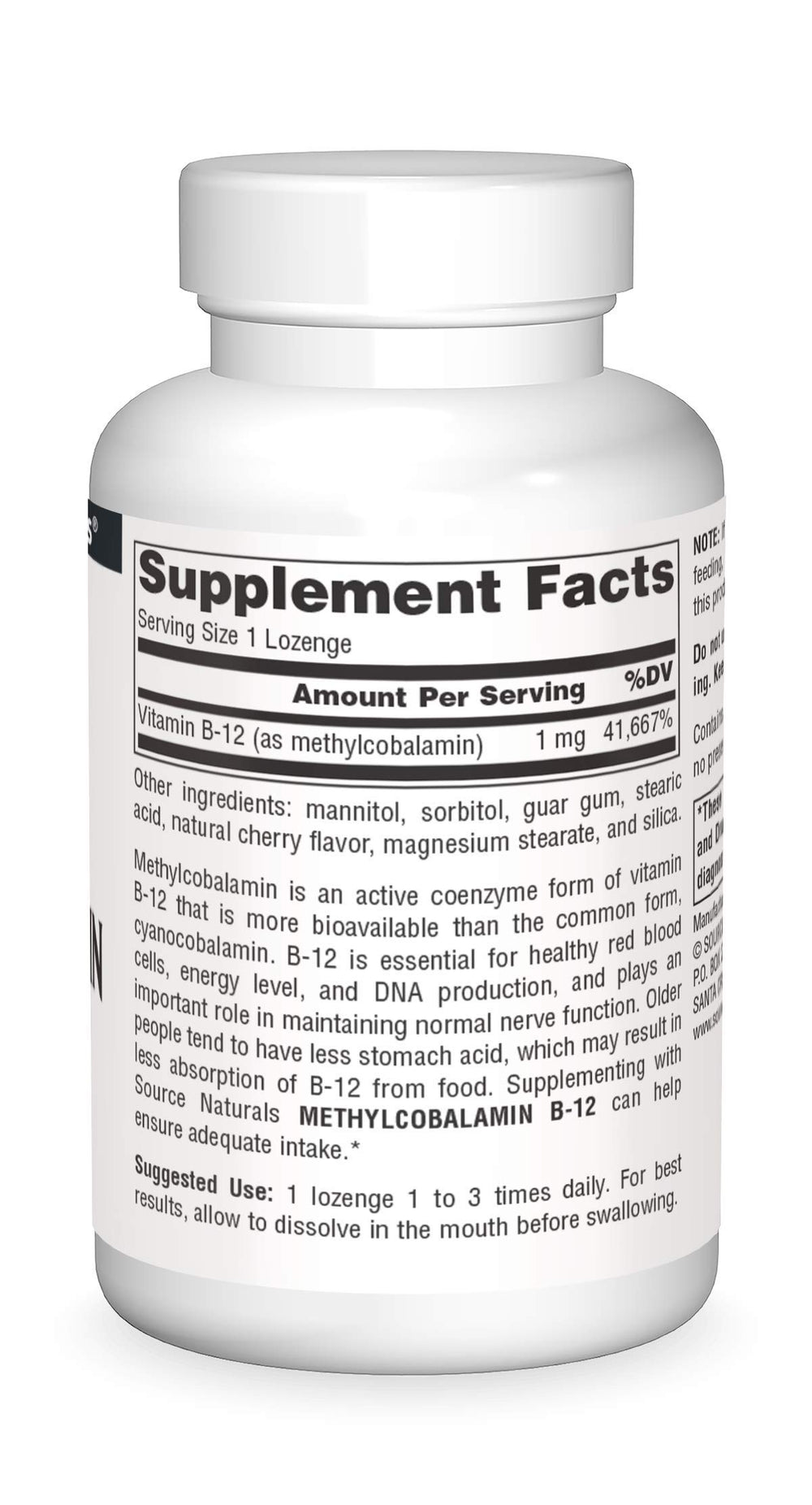 Source Naturals MethylCobalamin lozenges label close-up notes active B-12 form for easy supplementation.