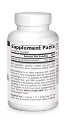 Source Naturals MethylCobalamin lozenges label close-up notes active B-12 form for easy supplementation.