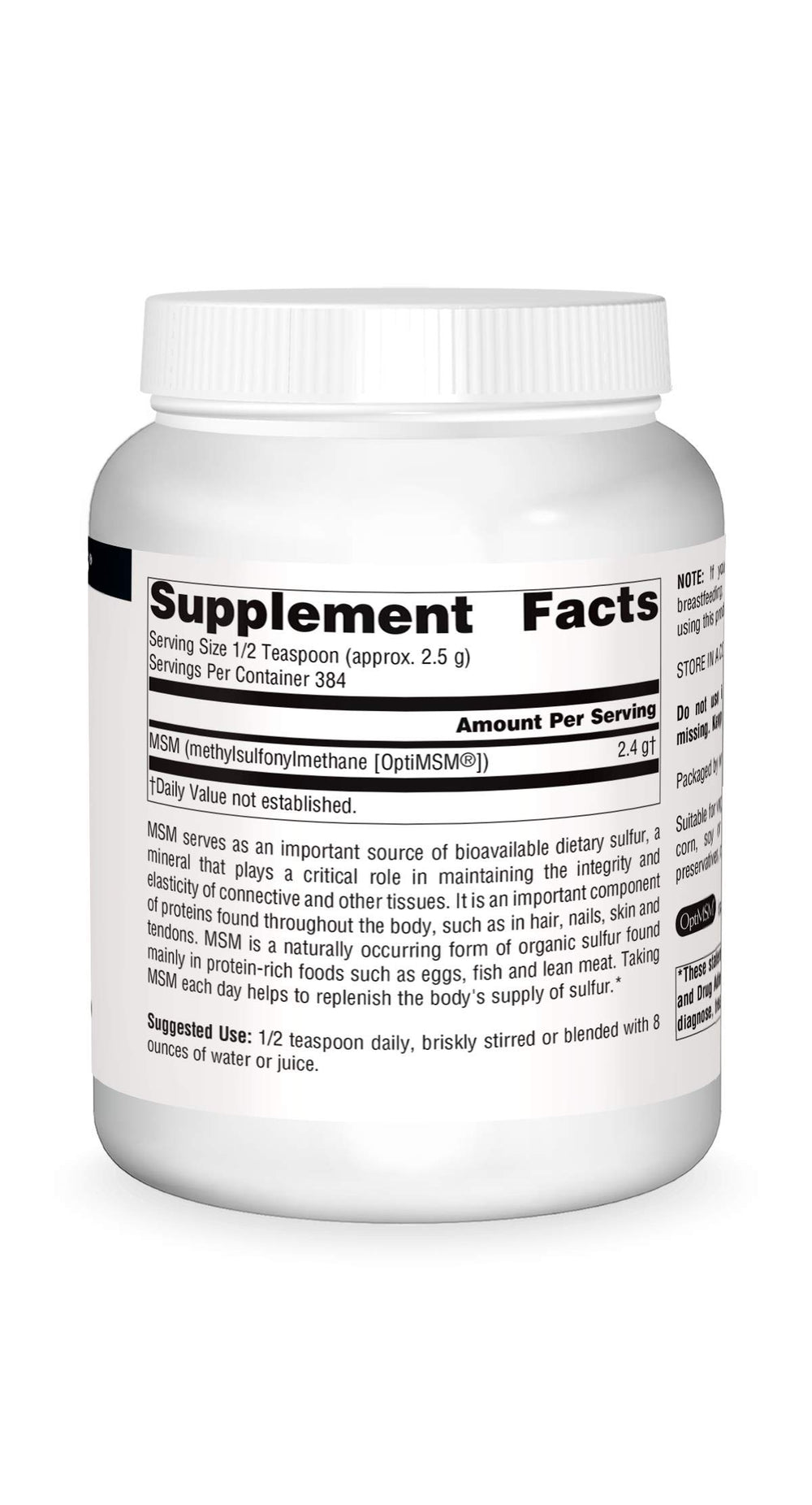 Close-up of Source Naturals MSM label highlighting vegetarian formula