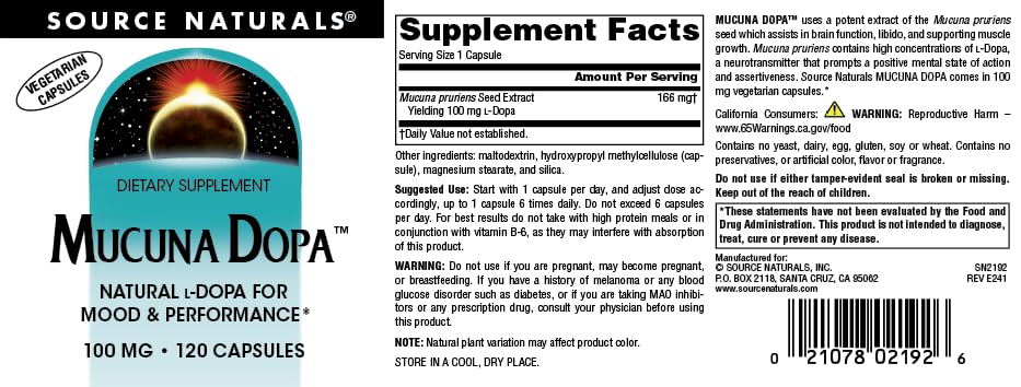 Source Naturals Mucuna Dopa dosage chart illustrating flexible daily intake