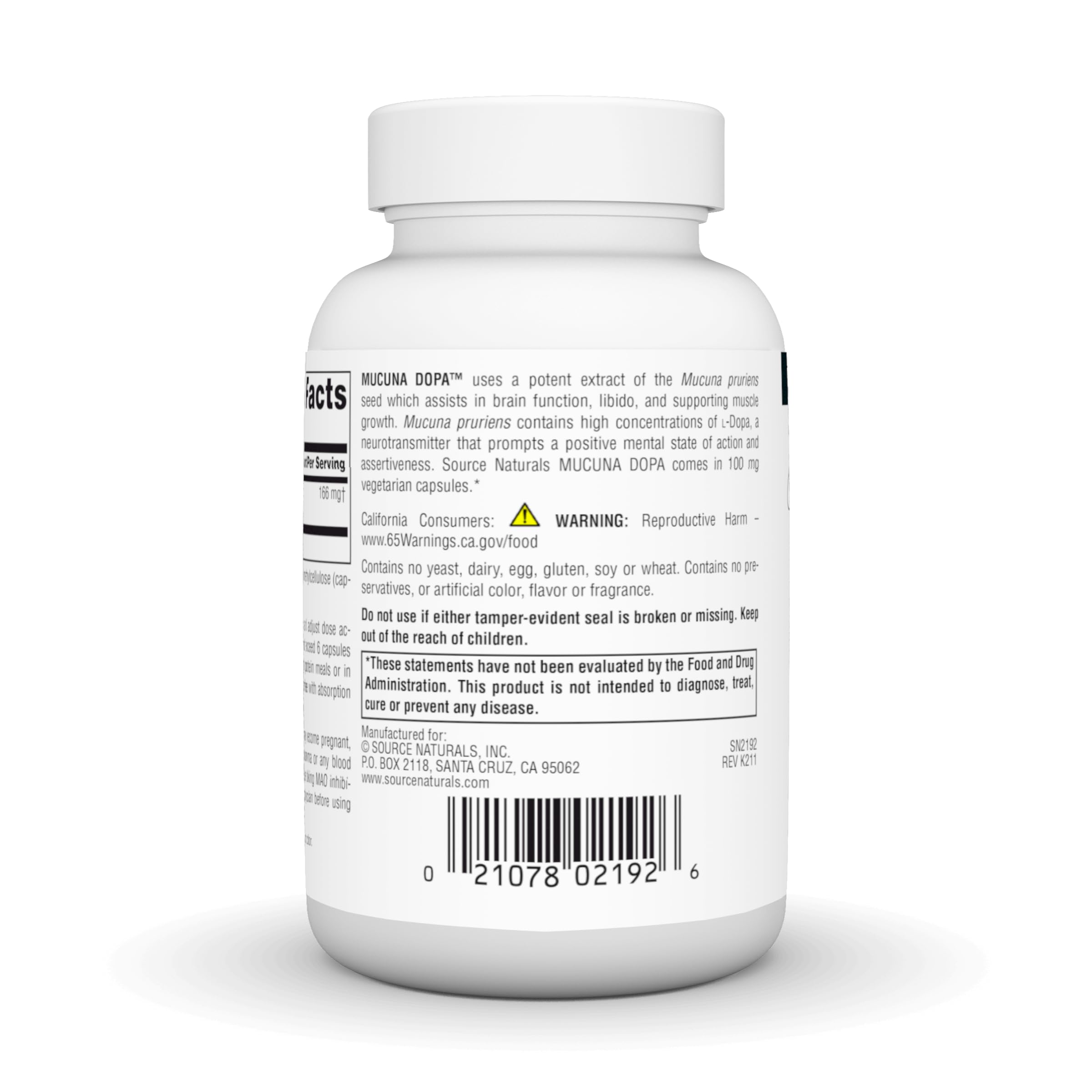 Source Naturals Mucuna Dopa label closeup showing 100 mg per capsule for focus