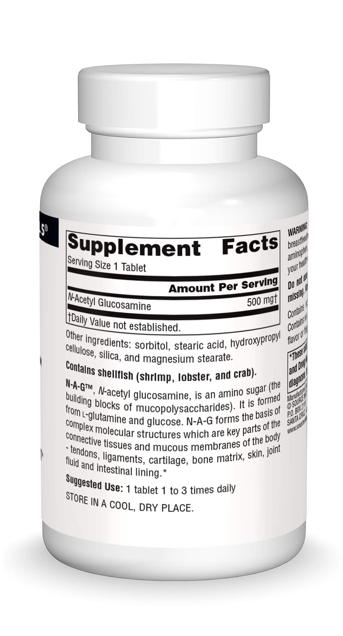 Source Naturals N-A-G label highlights dosage and ingredients for informed supplementation.