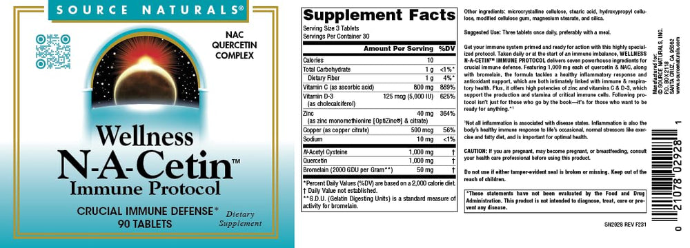 Source Naturals N-A-Cetin zinc and vitamins C & D-3 capsules shown for immune support.