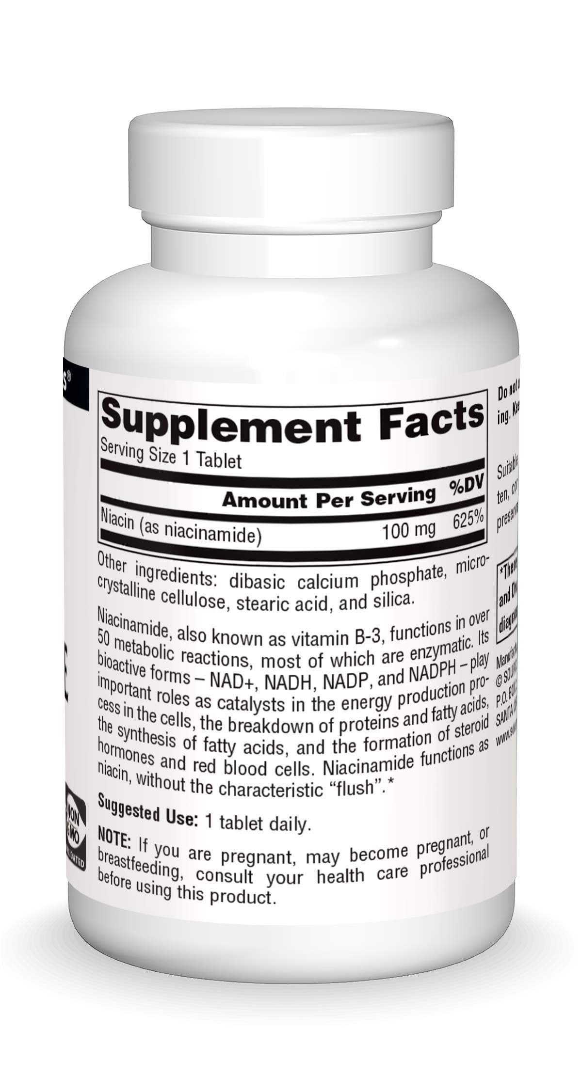 Source Naturals Niacinamide B-3 label closeup highlights 100 mg per tablet