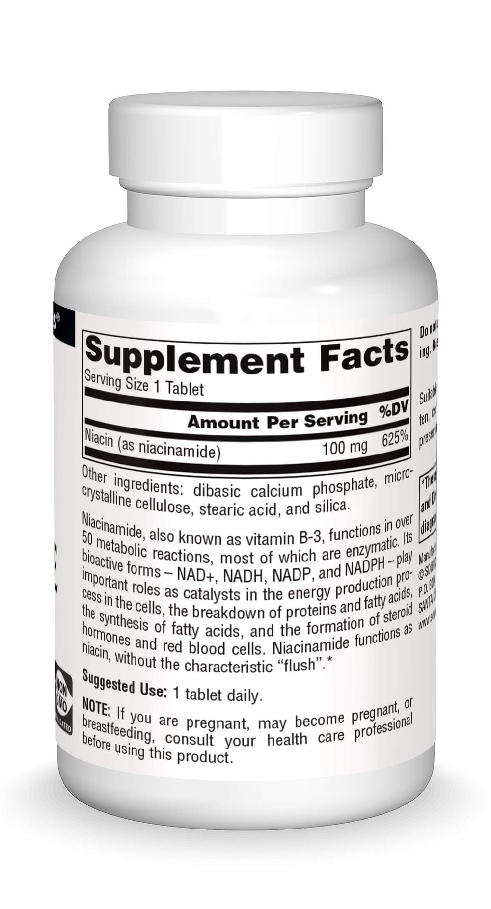 Source Naturals Niacinamide B-3 label closeup highlights 100 mg per tablet