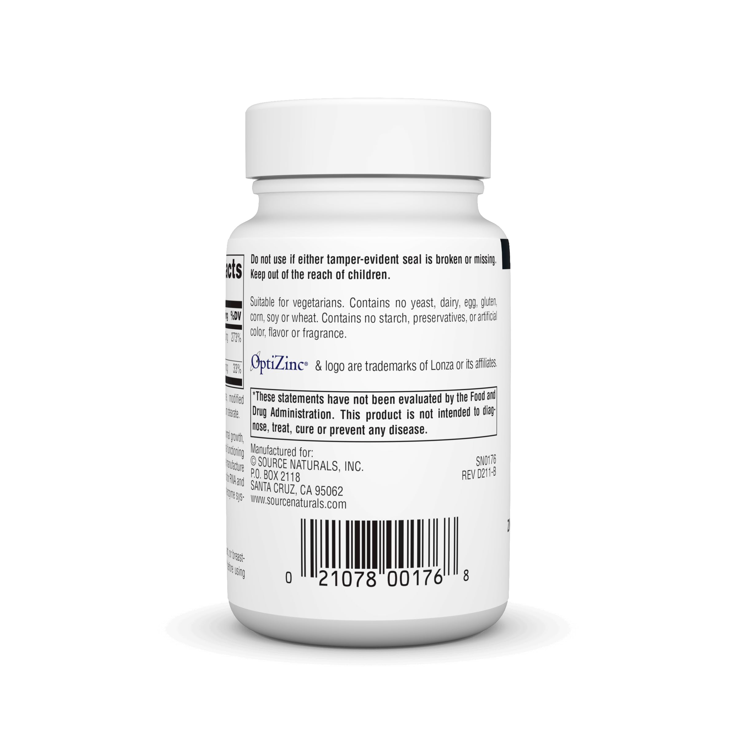 Close-up of OptiZinc label showing zinc monomethionine complex.