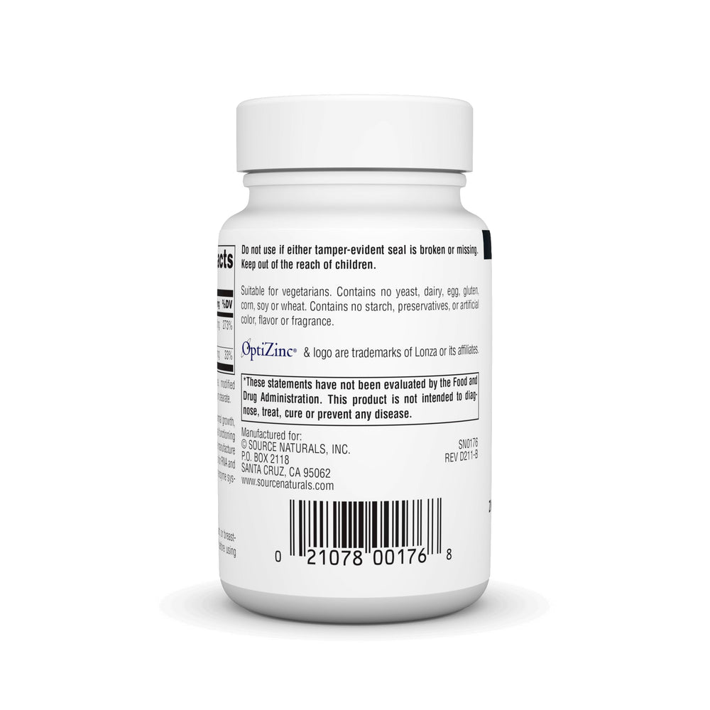 Close-up of OptiZinc label showing zinc monomethionine complex.