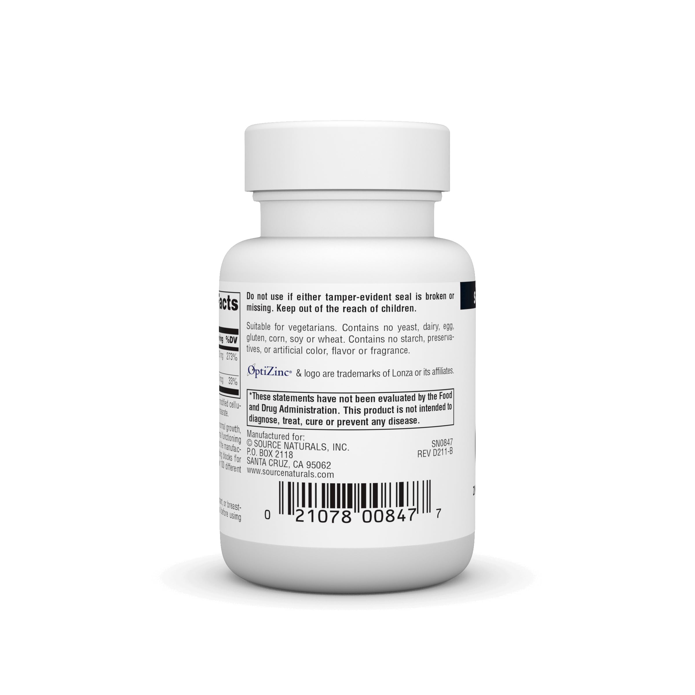Source Naturals OptiZinc label shows patented zinc monomethionine formula