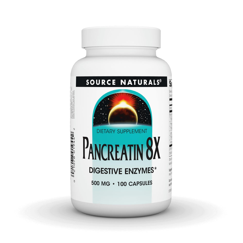 Source Naturals Pancreatin 8X bottle front highlighting enzyme support