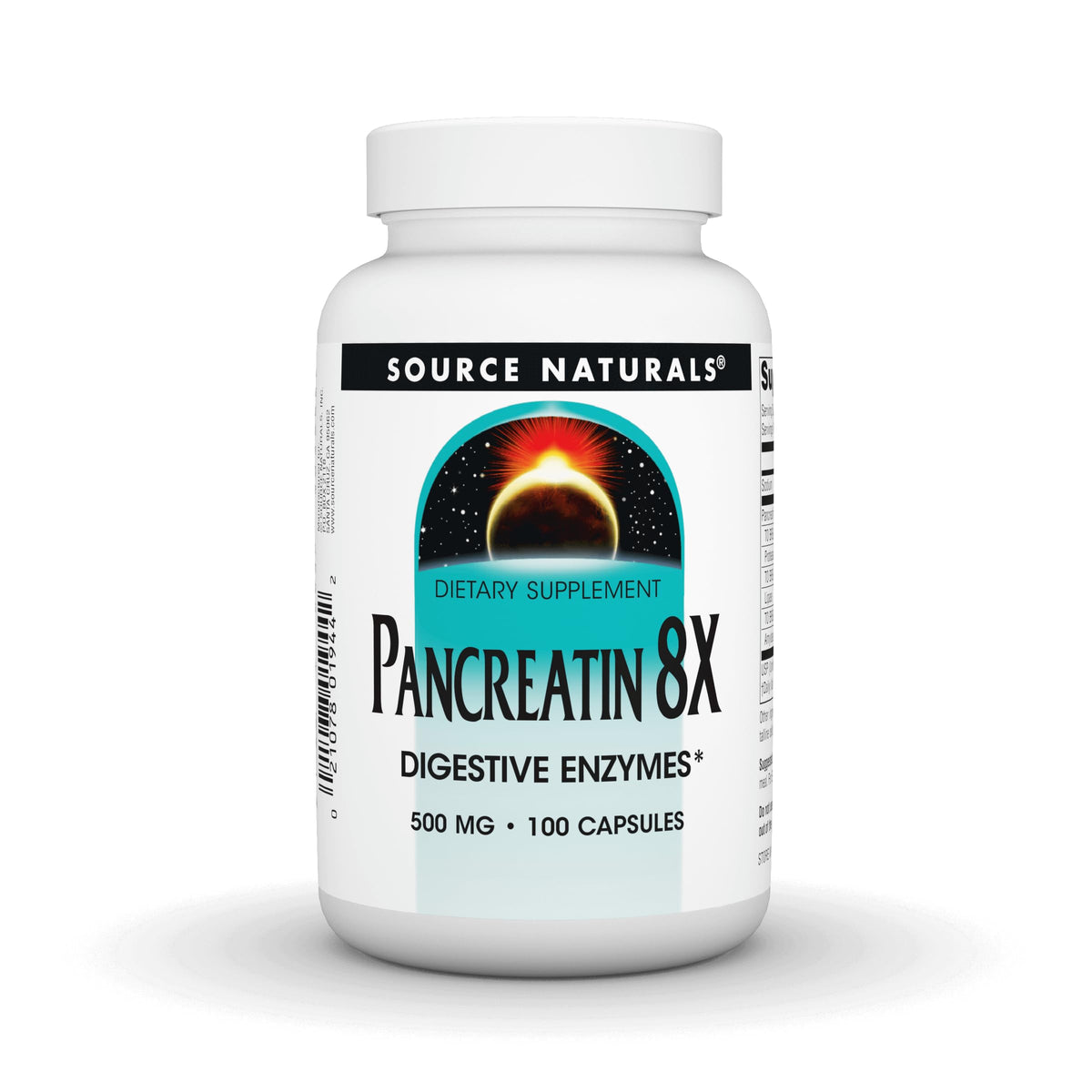 Source Naturals Pancreatin 8X bottle front highlighting enzyme support
