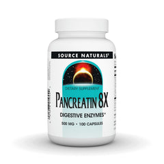 Source Naturals Pancreatin 8X bottle front highlighting enzyme support