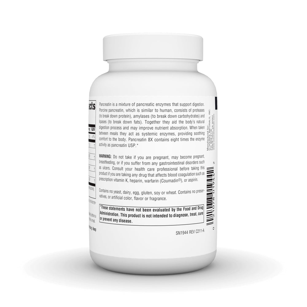Source Naturals Pancreatin 8X capsules illustrate enzyme blend aiding digestion after meals