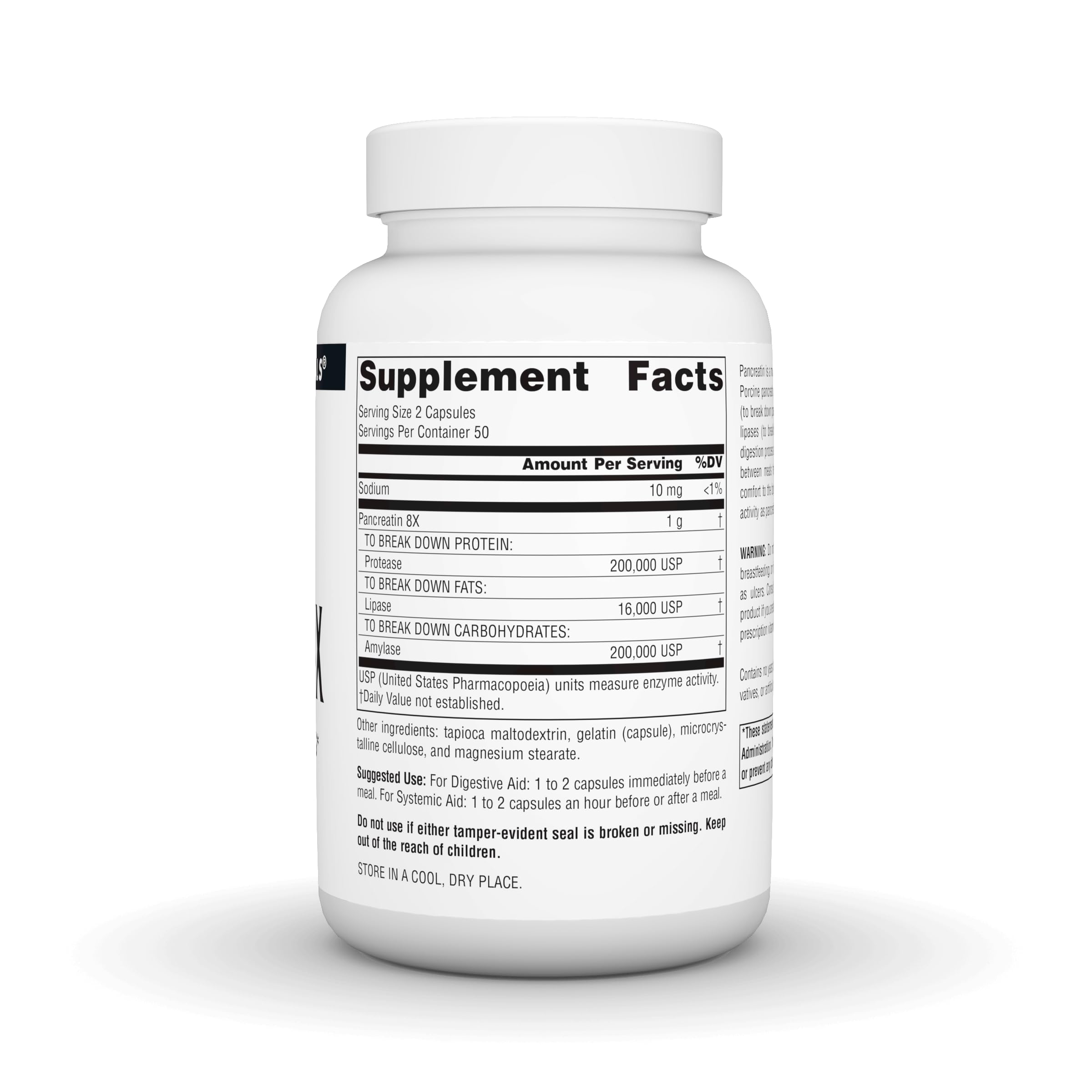 Source Naturals Pancreatin 8X ingredients panel highlights allergen-free formula