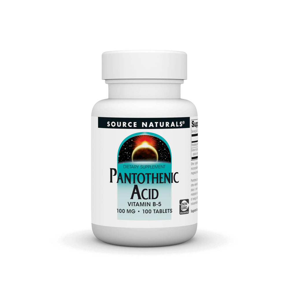 Source Naturals Pantothenic Acid 100 mg bottle close-up for daily energy metabolism support