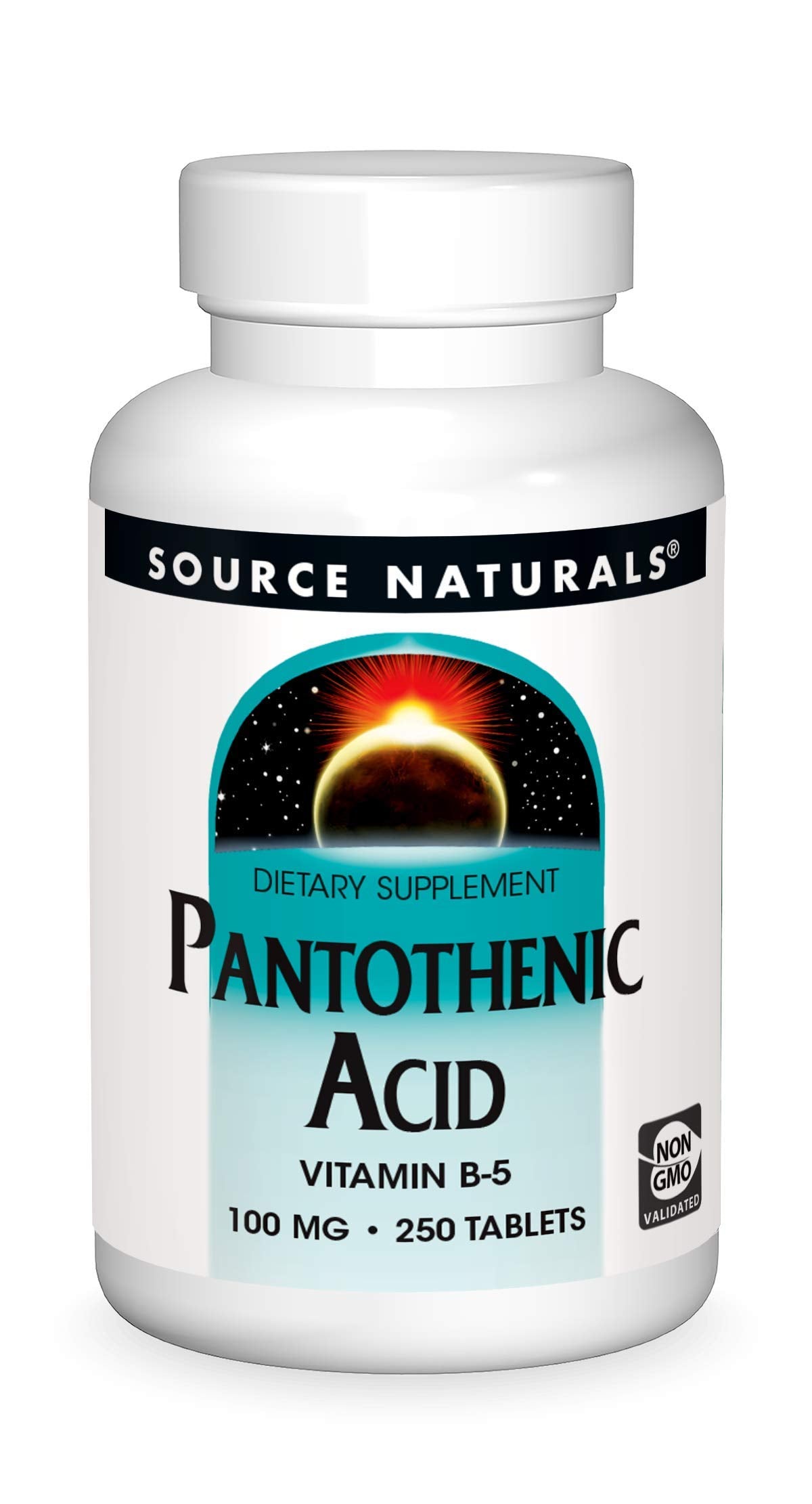 Source Naturals Pantothenic Acid 100 mg bottle showing label and dosage for energy metabolism