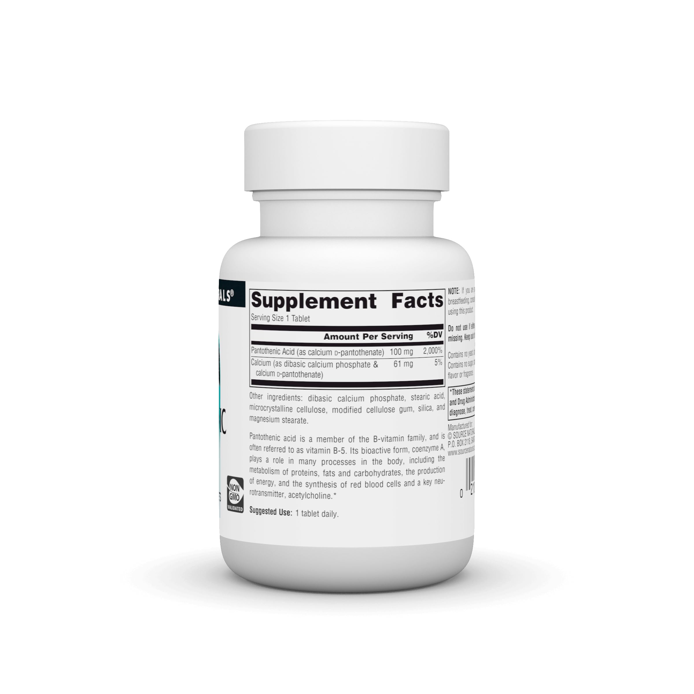 Source Naturals Pantothenic Acid label close-up highlighting allergen-free formulation