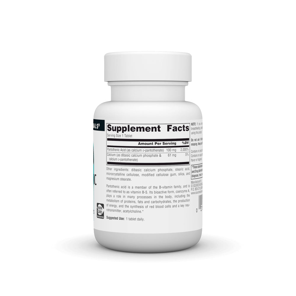 Source Naturals Pantothenic Acid label close-up highlighting allergen-free formulation