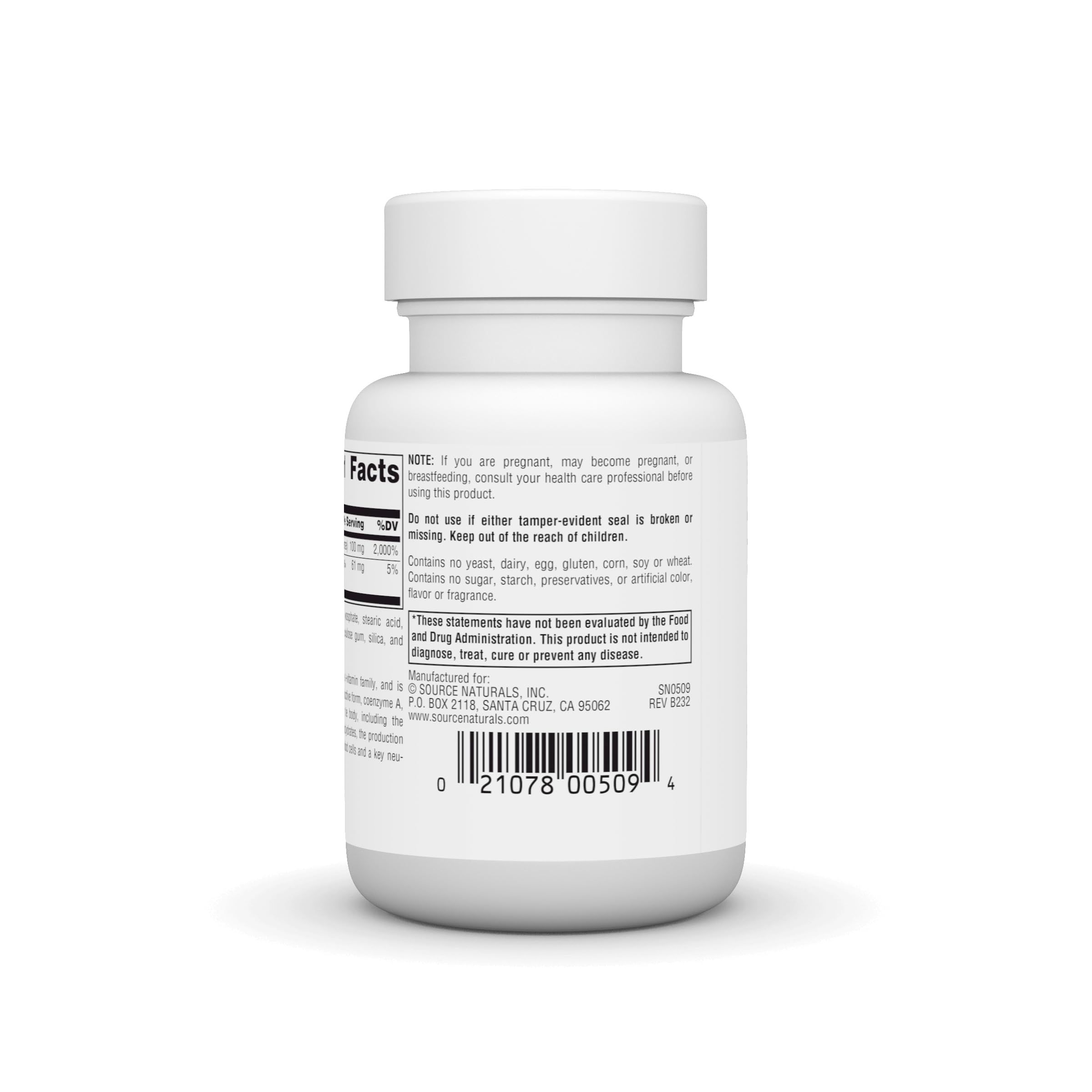 Source Naturals Pantothenic Acid tablets on white plate for daily use