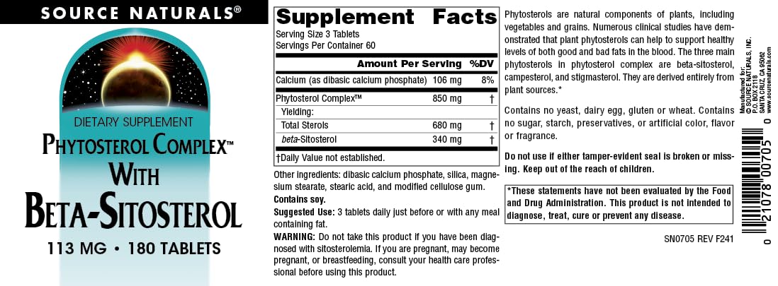 Source Naturals Phytosterol Complex ingredients panel features natural phytosterols.