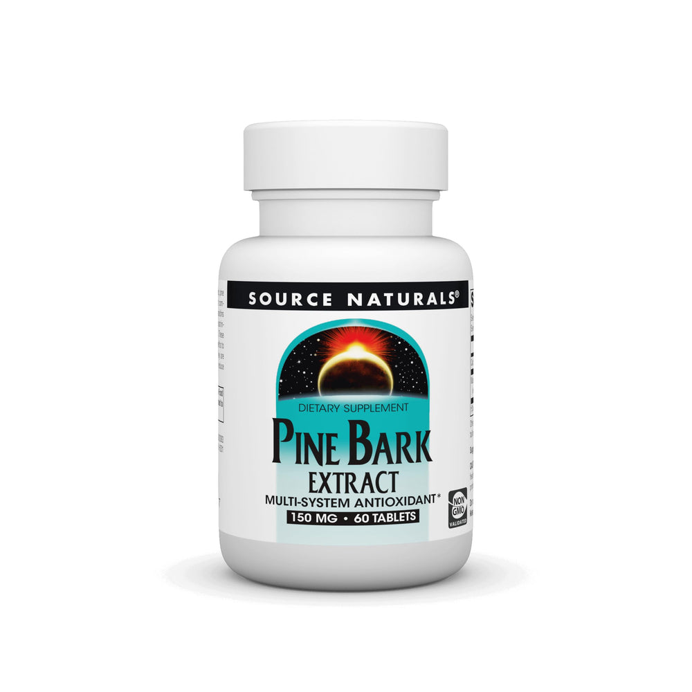 Source Naturals Pine Bark Extract 150mg bottle front showing antioxidant support.