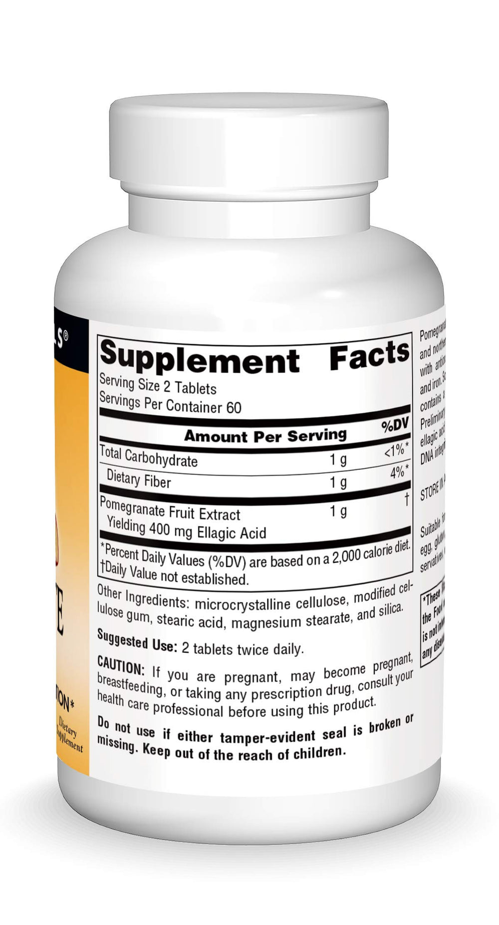 Close-up of Source Naturals label highlighting ellagic acid for antioxidant support.