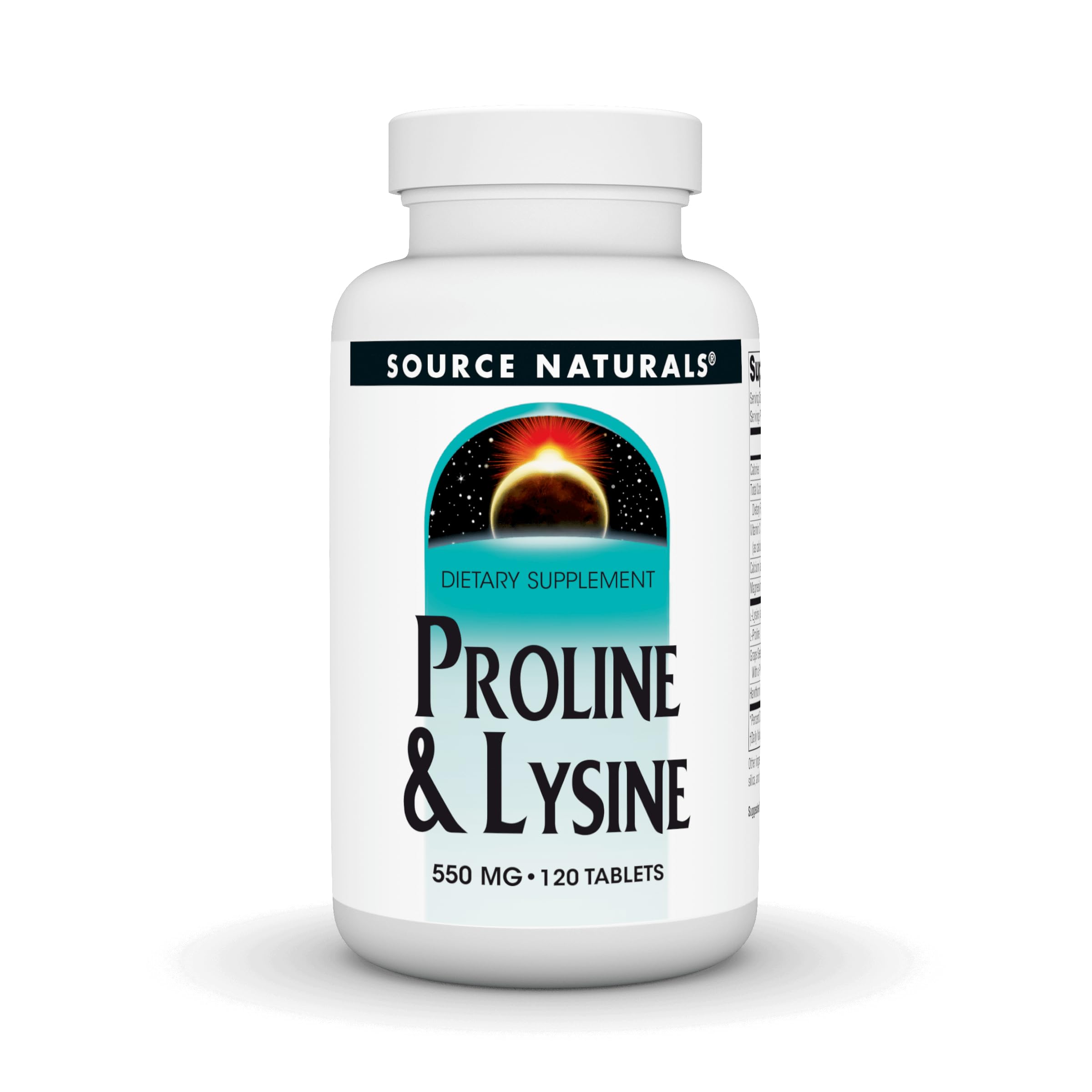 Source Naturals Proline & Lysine, tabletas en botella, apoyo posible a la salud de tejidos.