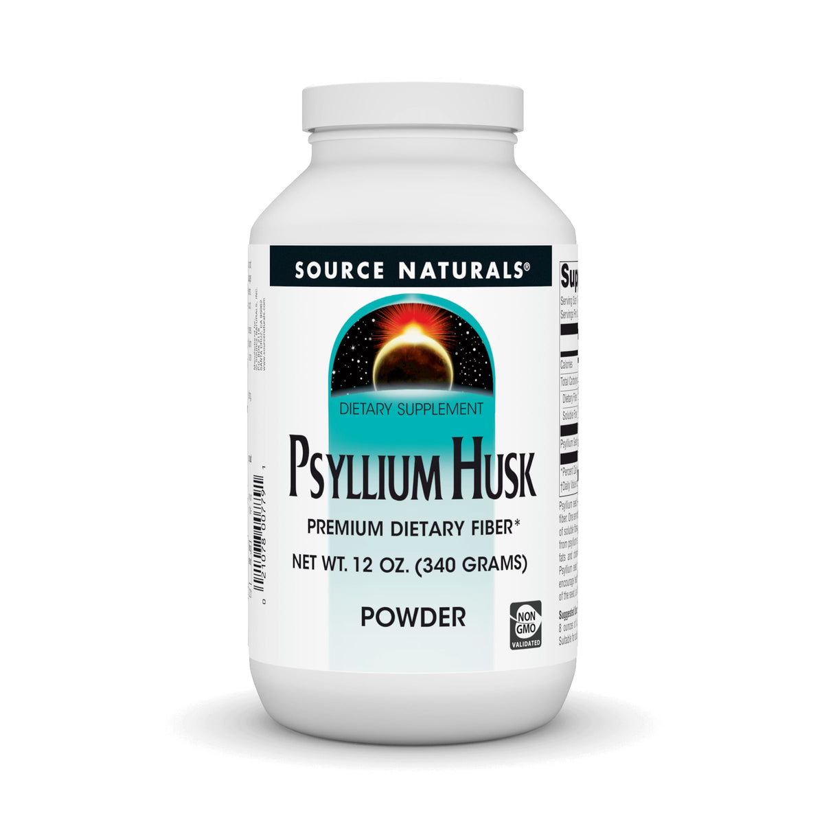 Source Naturals psyllium husk powder bottle shows a high-fiber, low-calorie option.