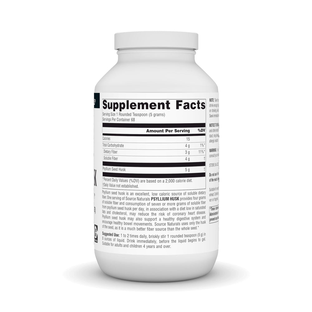 Source Naturals psyllium husk powder scoop demonstrates easy daily fiber measurement.