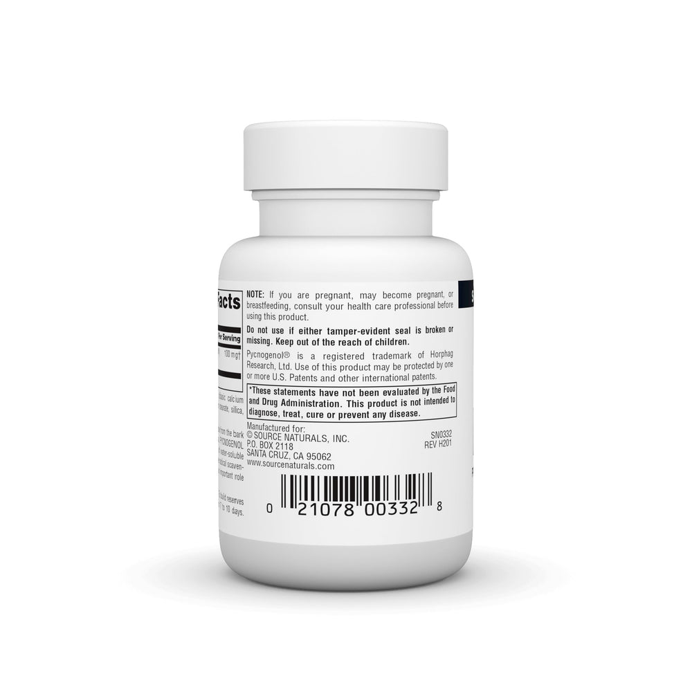 Close-up of Pycnogenol 100 mg label with product details.