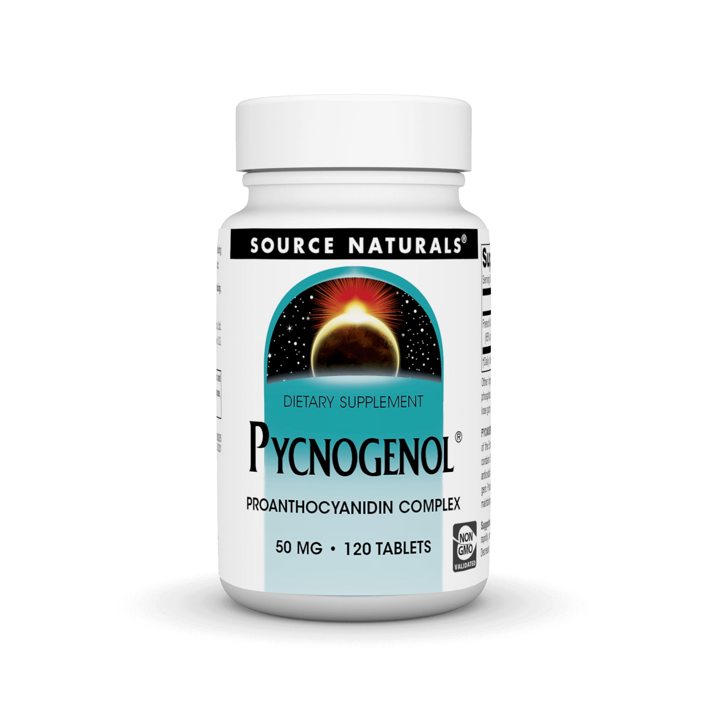 Source Naturals Pycnogenol 50 mg bottle front with branding for daily antioxidant support.