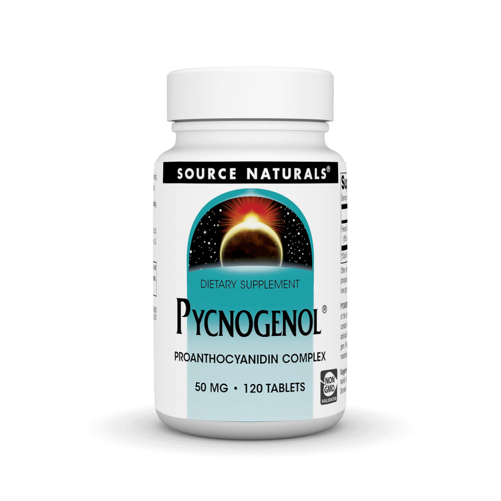Source Naturals Pycnogenol 50 mg bottle front with branding for daily antioxidant support.