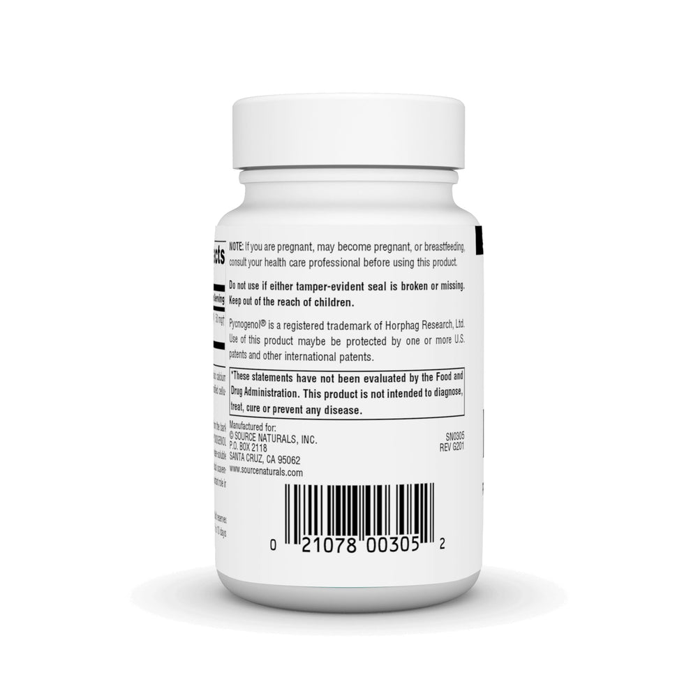Source Naturals Pycnogenol 50 mg bottle label highlights antioxidant support and procyanidins.