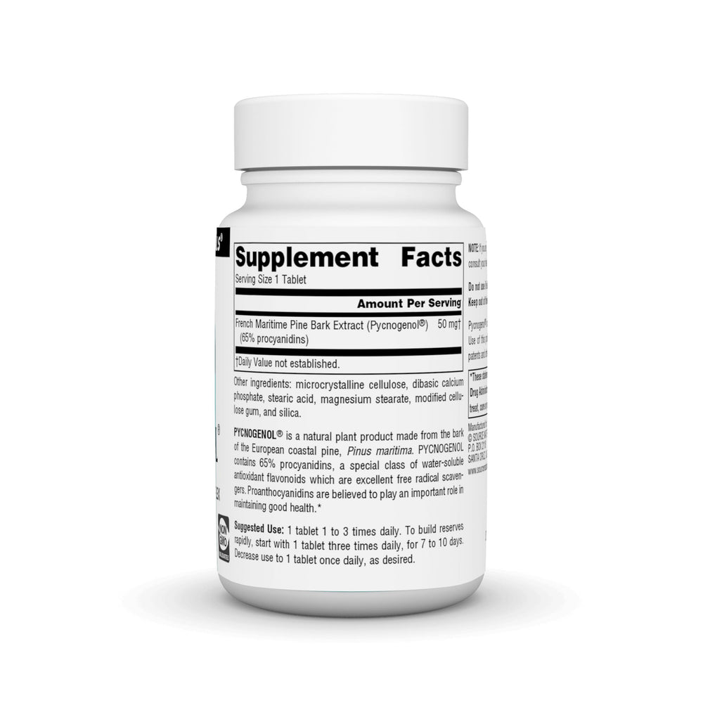 Source Naturals Pycnogenol 50 mg tablets close-up showing shape for easy daily use.