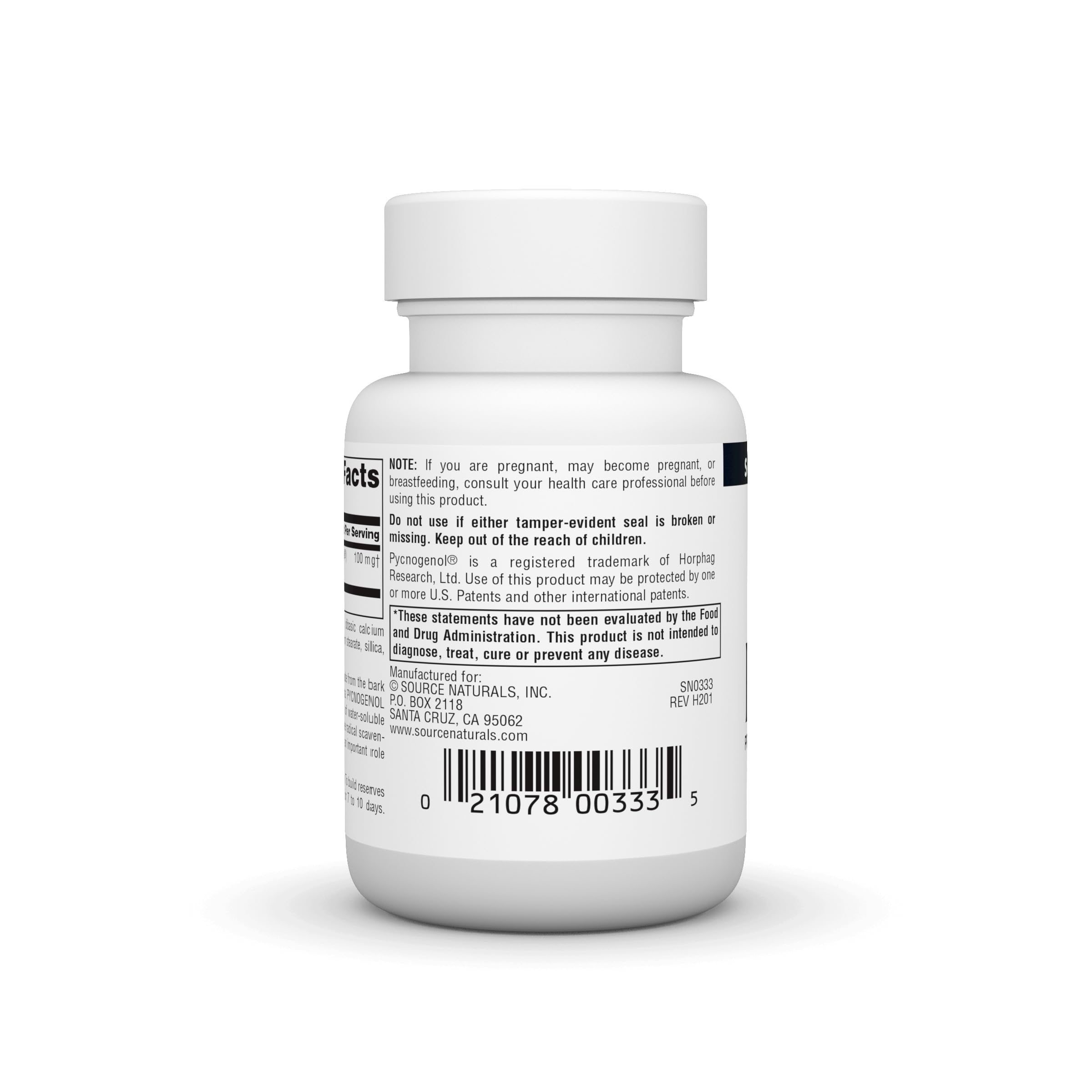Source Naturals Pycnogenol bottle front label emphasizing USA manufacturing and quality