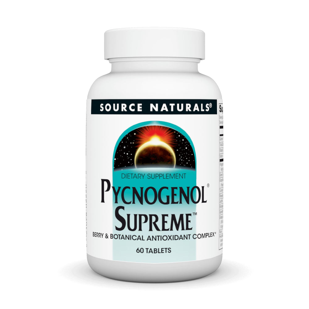 Source Naturals Pycnogenol Supreme bottle with berry antioxidant complex for daily vitality.