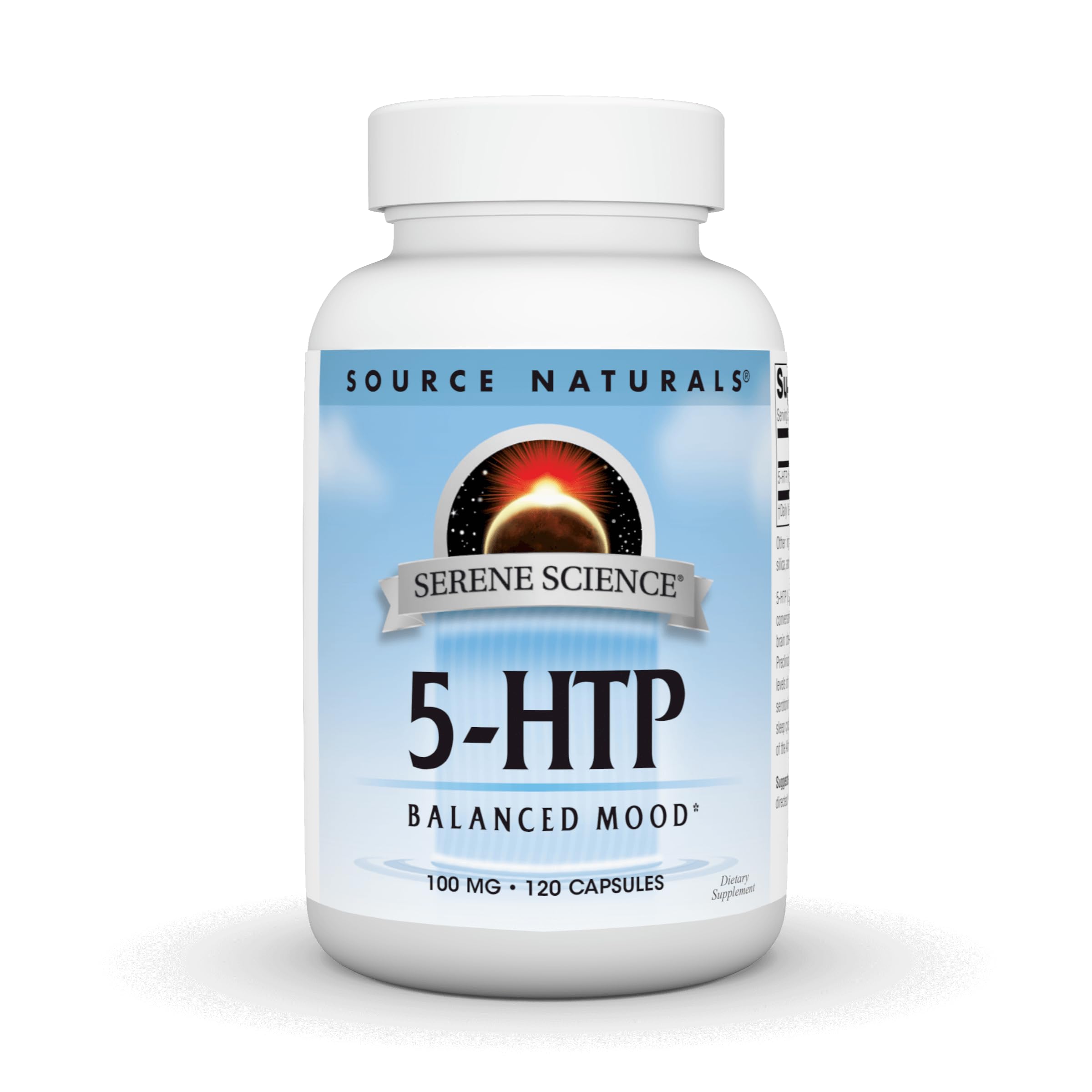 Source Naturals Serene Science 5-HTP bottle and capsules for daily use and mood support