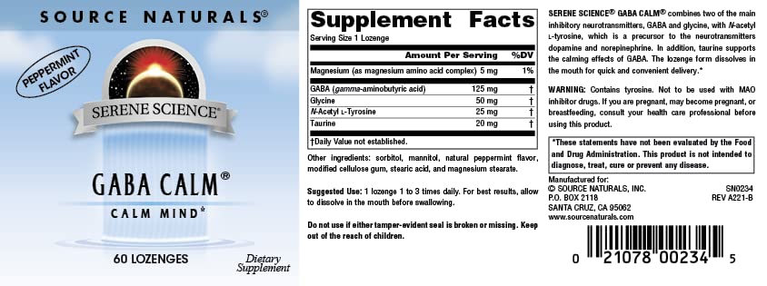 Lozenge dissolving in the mouth from Source Naturals GABA Calm peppermint formulation