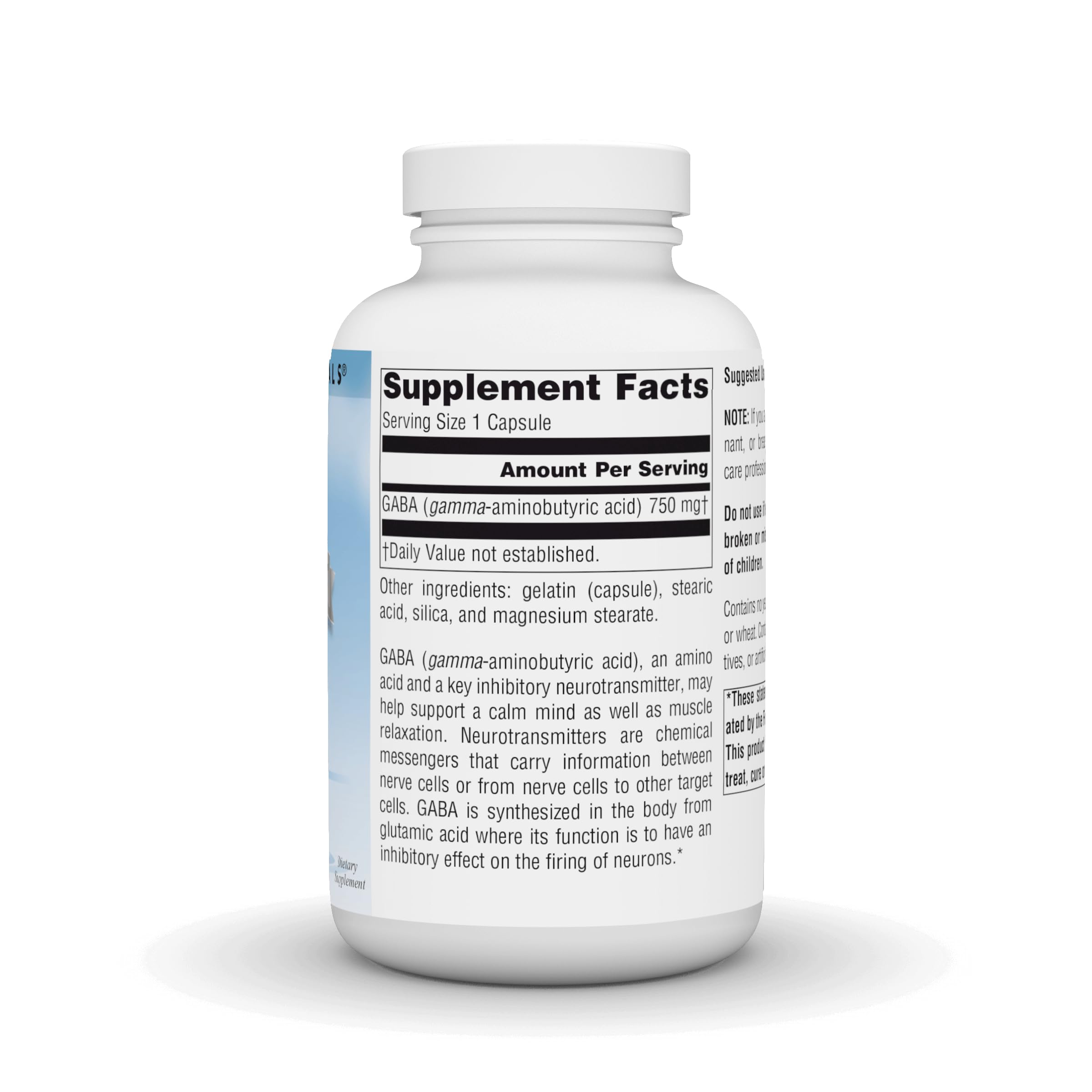 Source Naturals Serene Science GABA label on bottle with 750 mg per capsule