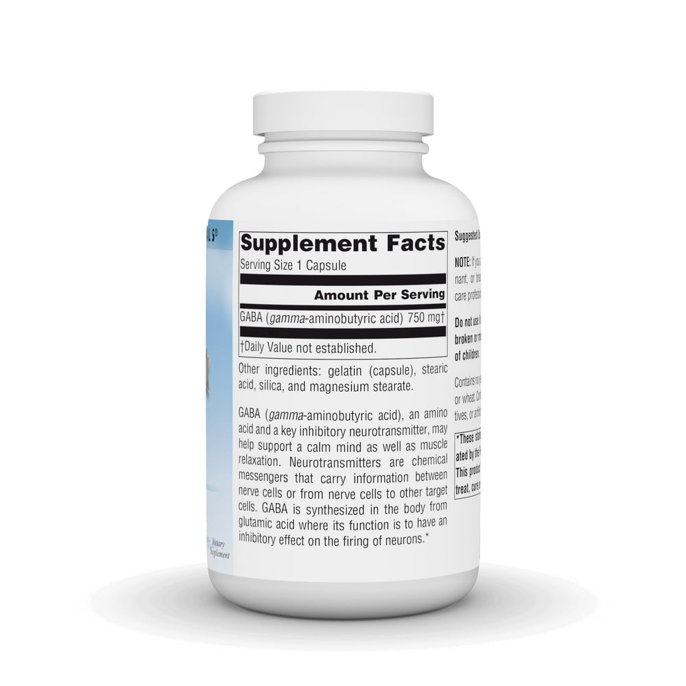 Source Naturals Serene Science GABA label on bottle with 750 mg per capsule