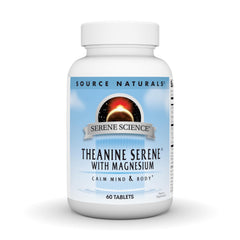 Source Naturals Serene Science L-Theanine bottle on desk promoting calm focus