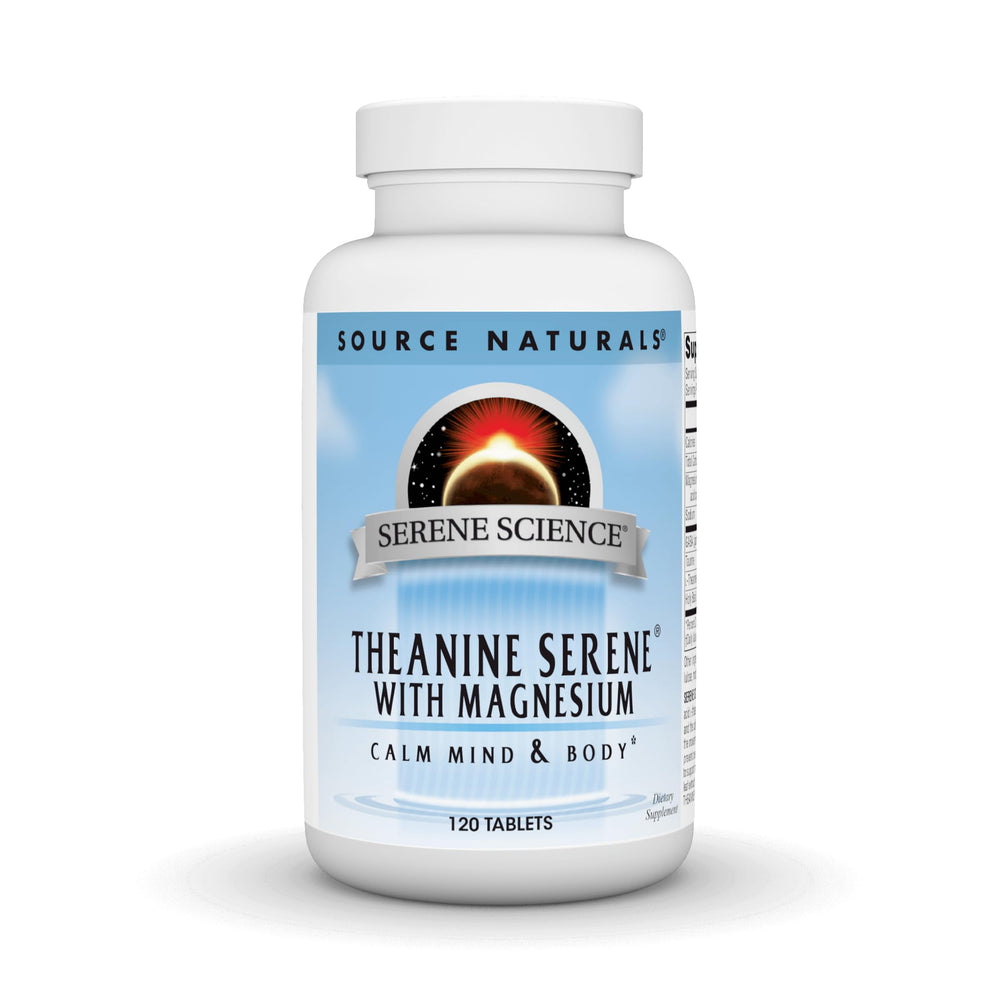 Source Naturals Serene Science L-Theanine bottle for relaxed focus during daily tasks.