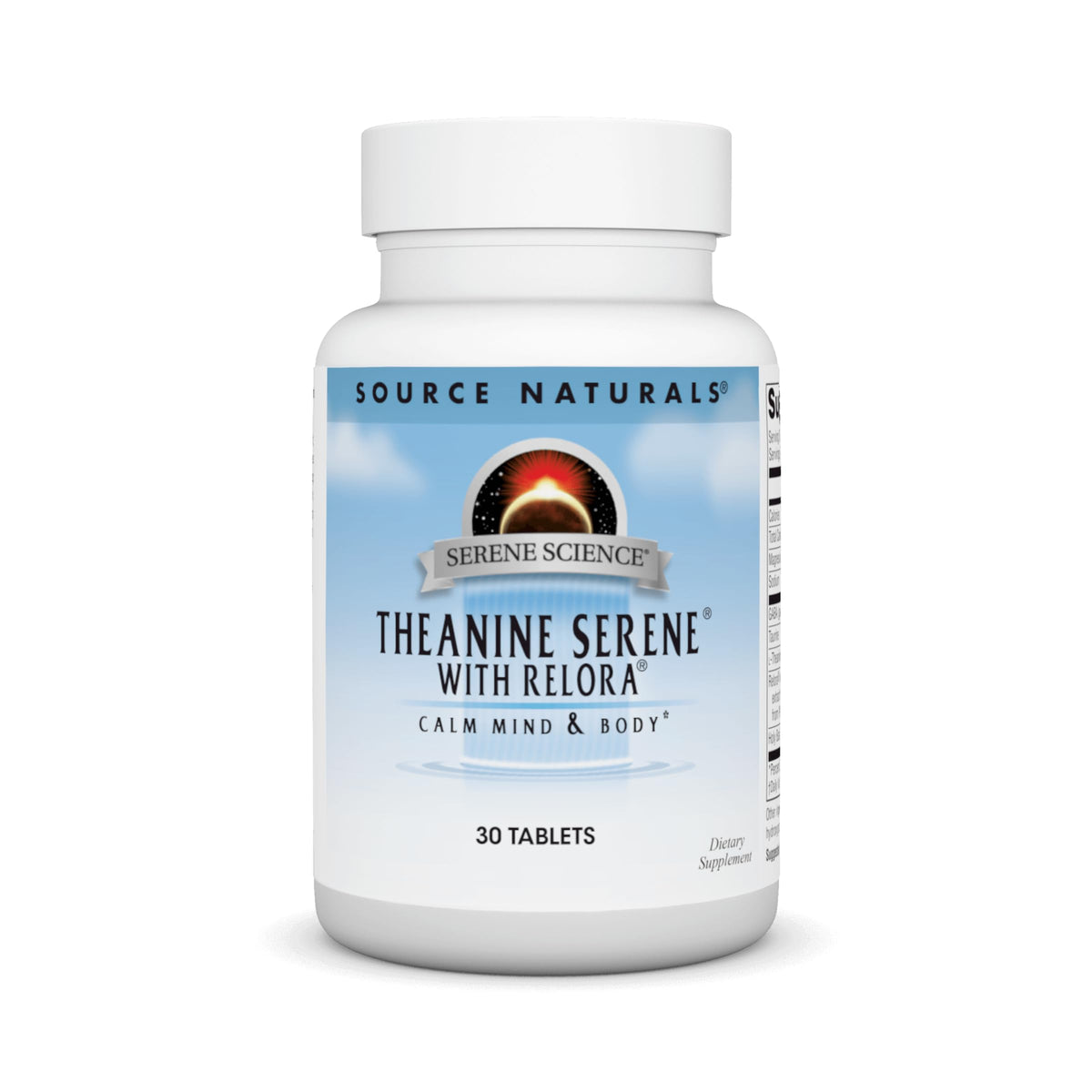 Source Naturals Serene Science Theanine Serene bottle front promotes calm focus.