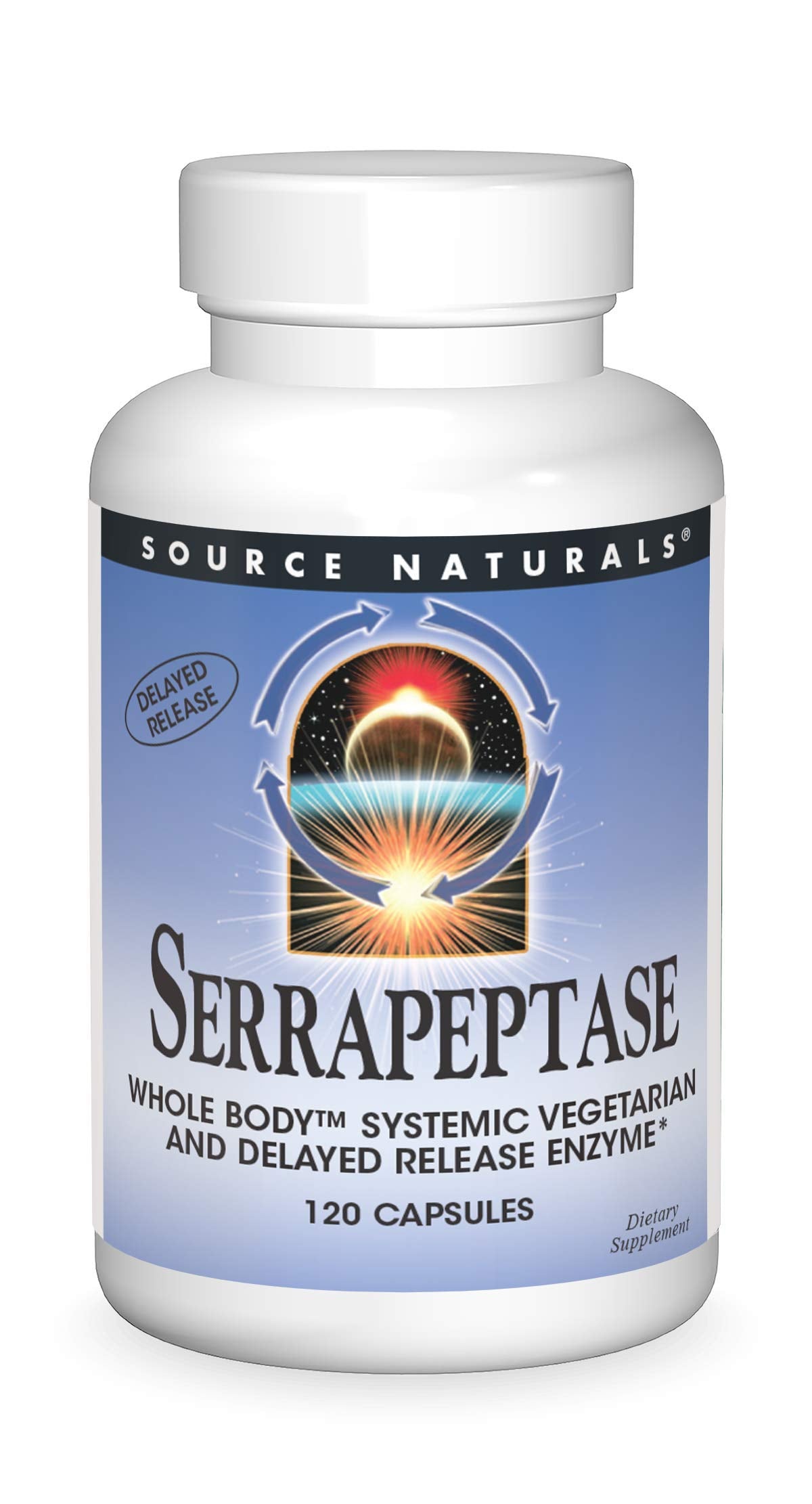 Source Naturals Serrapeptase delayed-release bottle demonstrates steady enzyme delivery.