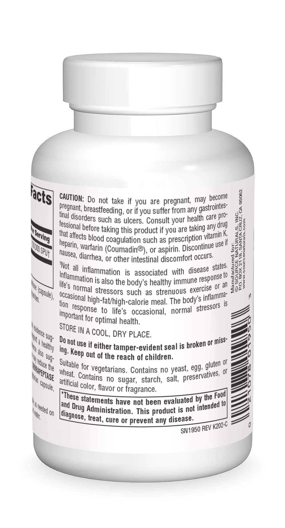 Source Naturals Serrapeptase vegetarian capsules close-up for daily use.