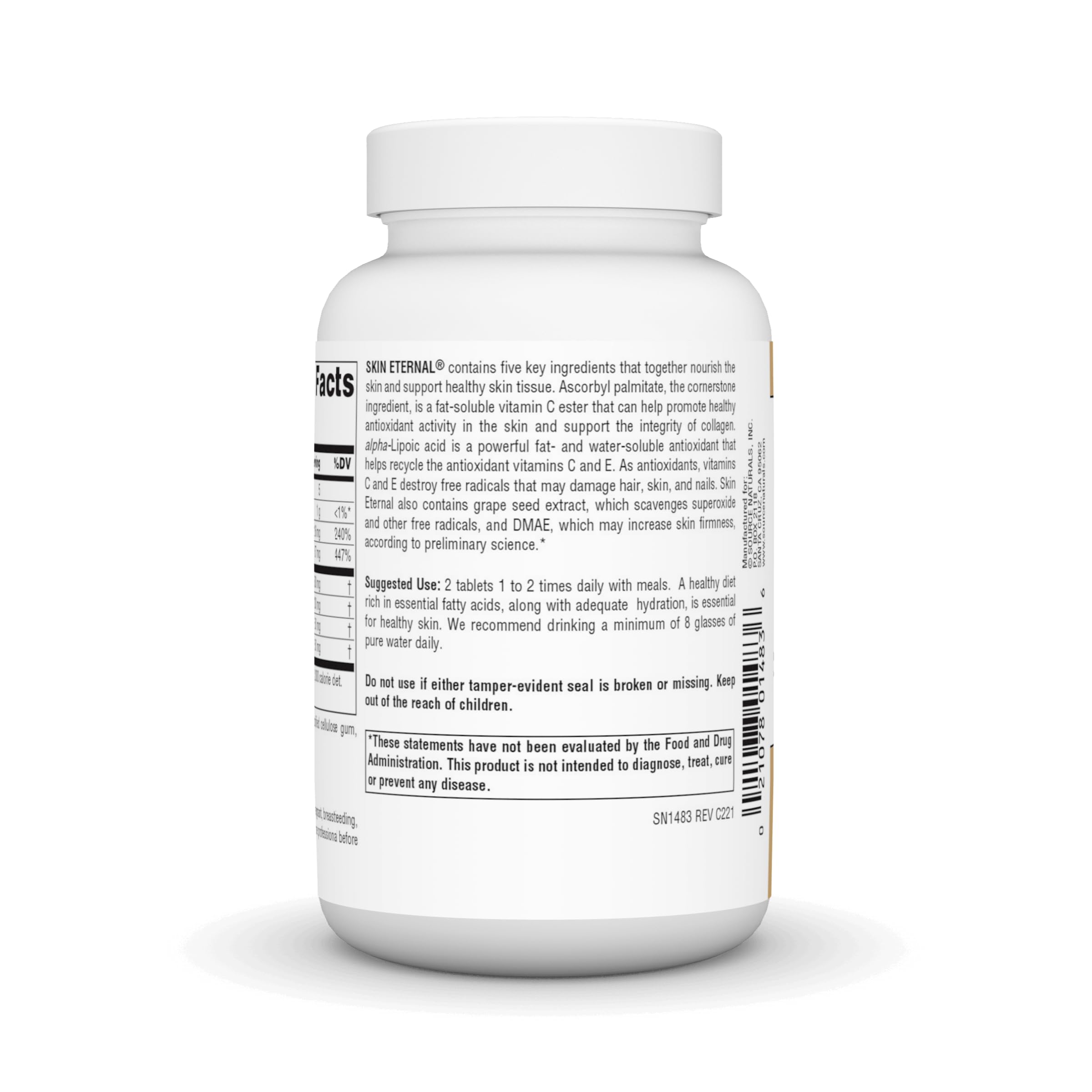 Source Naturals Skin Eternal label closeup highlights DMAE and C Ester ingredients