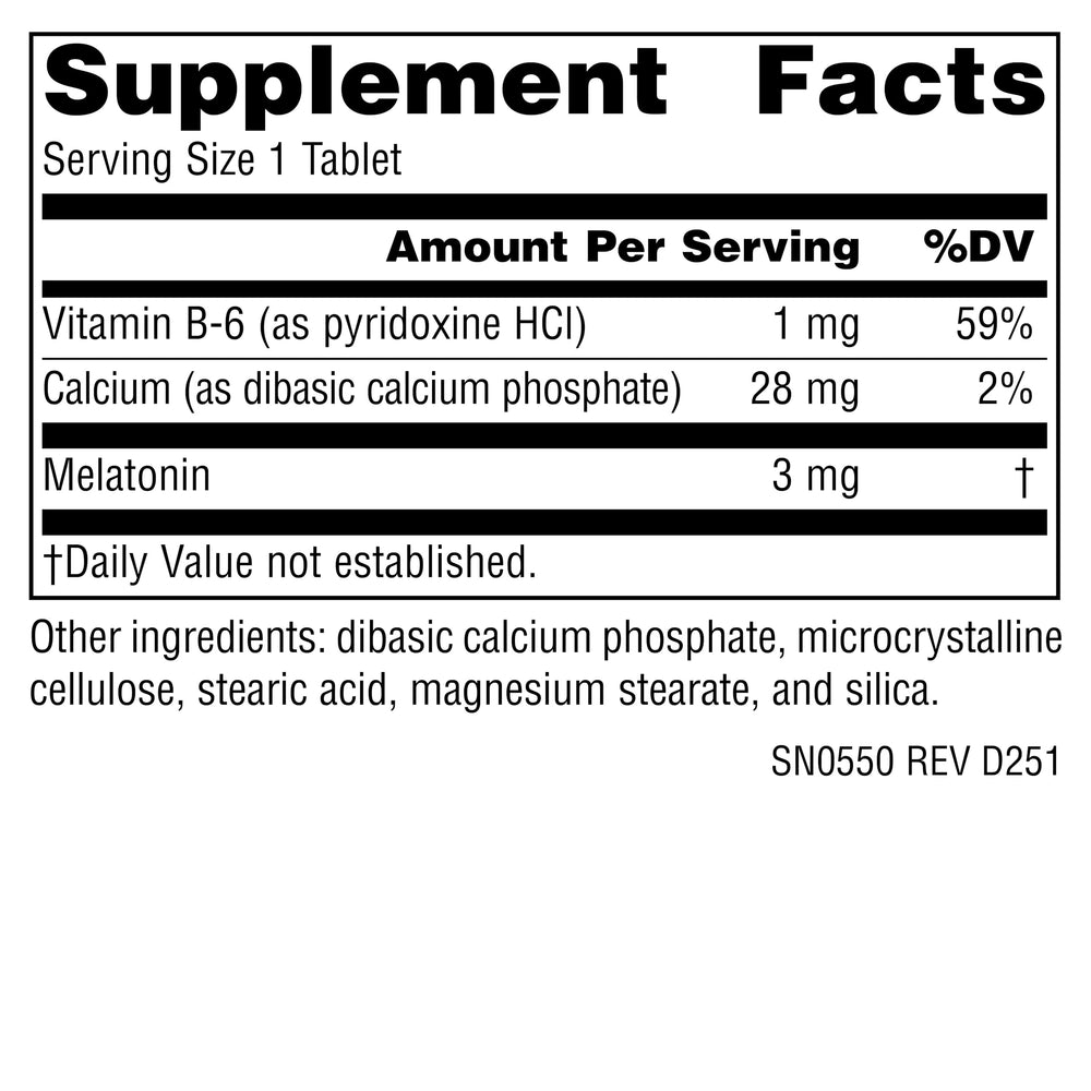 Source Naturals Sleep Science Melatonin 3 mg tablets promote calm evenings and sleep consistency.