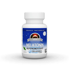 Source Naturals Sleep Science Melatonin lozenge bottle promotes restful sleep.